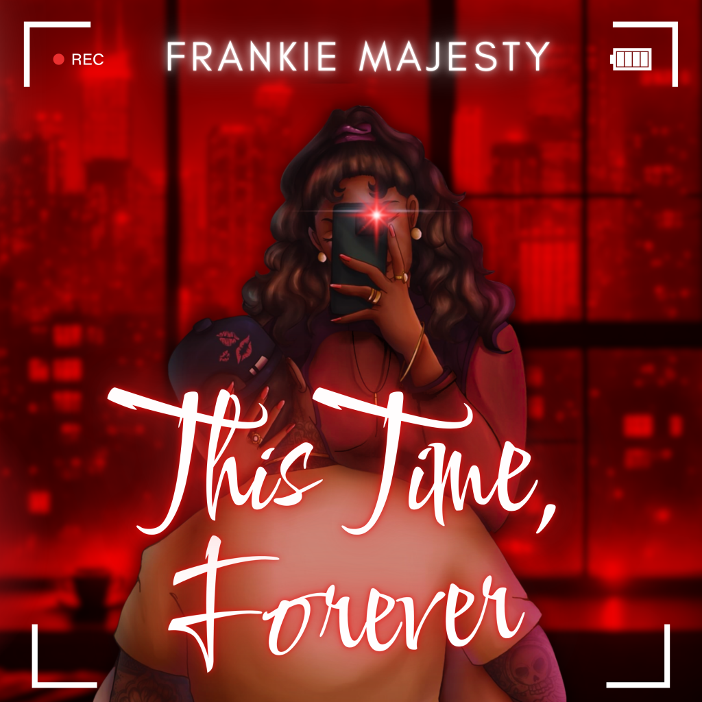 audiobook cover for Frankie Majesty's This Time, Forever. Cover has a red cityscape background with an illustrated Black woman and a Black man in an embrace.